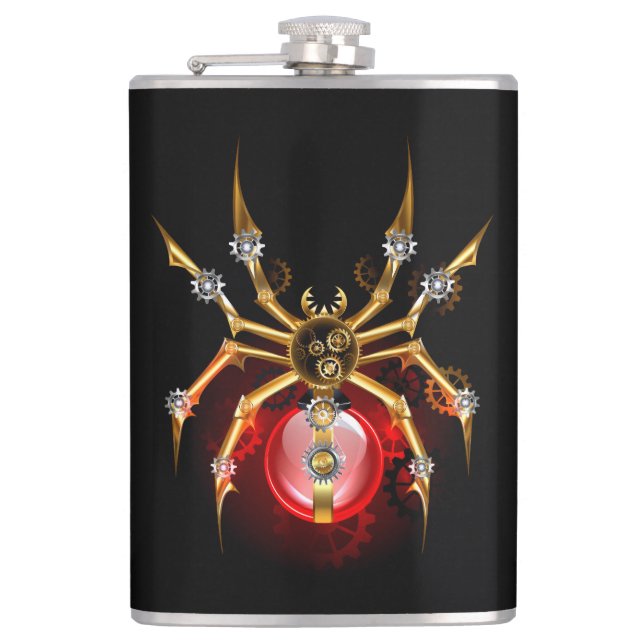 Steampunk spider on black hip flask (Front)