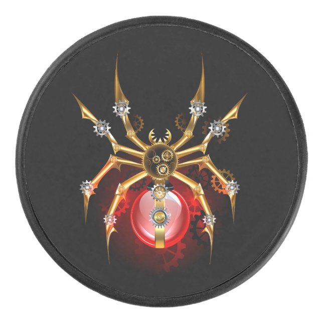 Steampunk spider on black hockey puck (Front)