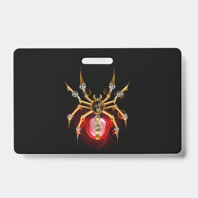 Steampunk spider on black ID badge (Front)