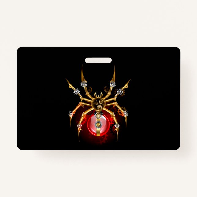 Steampunk spider on black ID badge (Front)