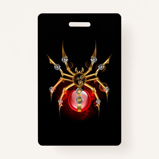 Steampunk spider on black ID badge (Front)