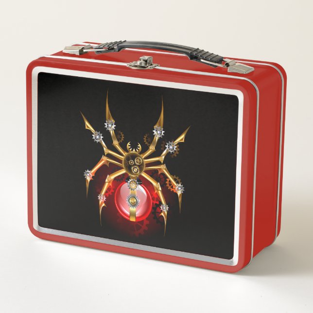 Steampunk spider on black metal lunch box (Front)