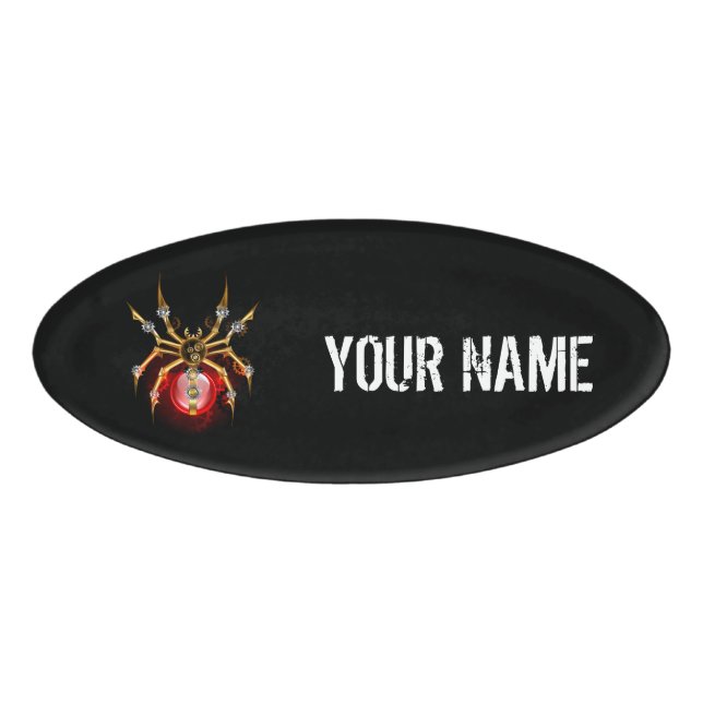 Steampunk spider on black name tag (Front)