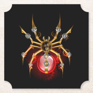 Steampunk spider on black paper coaster