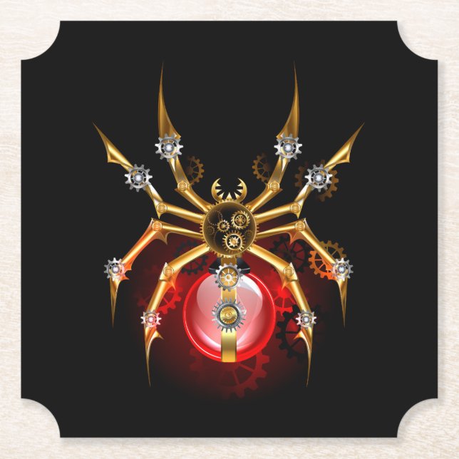 Steampunk spider on black paper coaster (Front)