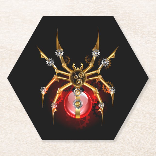 Steampunk spider on black paper coaster (Front)