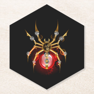 Steampunk spider on black paper coaster