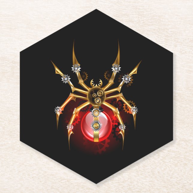 Steampunk spider on black paper coaster (Front)