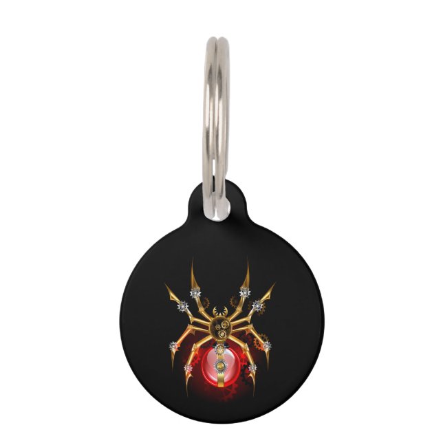 Steampunk spider on black pet tag (Front)