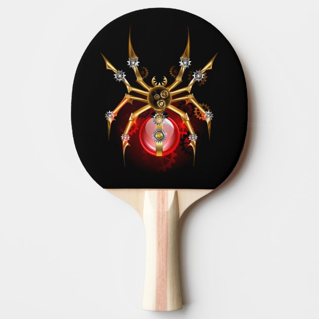 Steampunk spider on black ping pong paddle (Front)