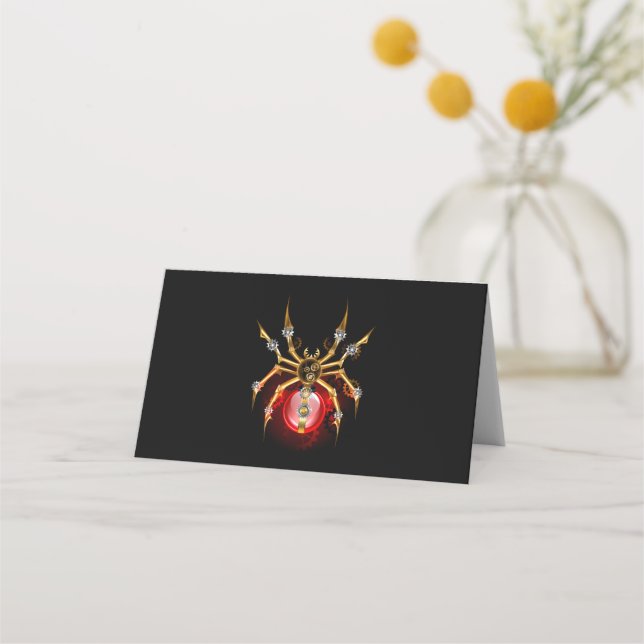 Steampunk spider on black place card (Front)
