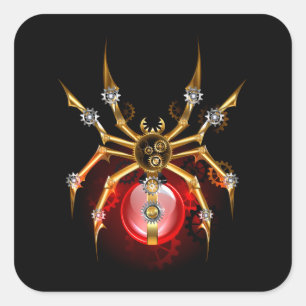 Steampunk spider on black square sticker