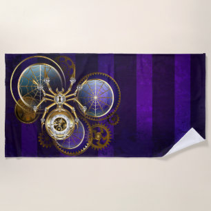 Steampunk Spider on Purple Background Beach Towel