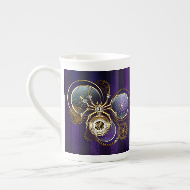 Steampunk Spider on Purple Background Bone China Mug (Left)