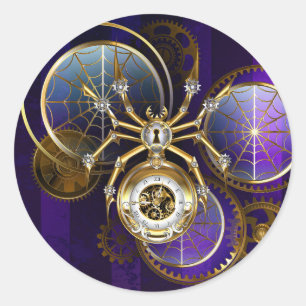 Steampunk Spider on Purple Background Classic Round Sticker