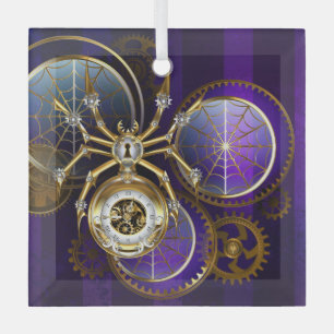 Steampunk Spider on Purple Background Glass Tree Decoration