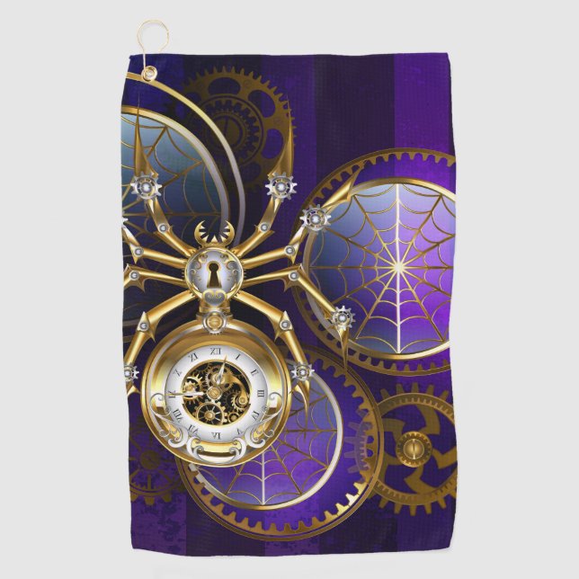 Steampunk Spider on Purple Background Golf Towel (Front)