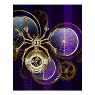 Steampunk Spider on Purple Background Poster