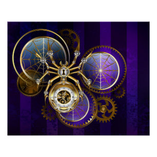 Steampunk Spider on Purple Background Poster
