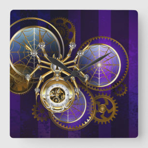 Steampunk Spider on Purple Background Square Wall Clock
