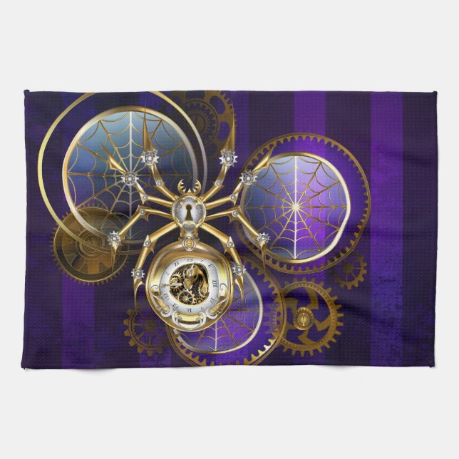 Steampunk Spider on Purple Background Tea Towel (Horizontal)