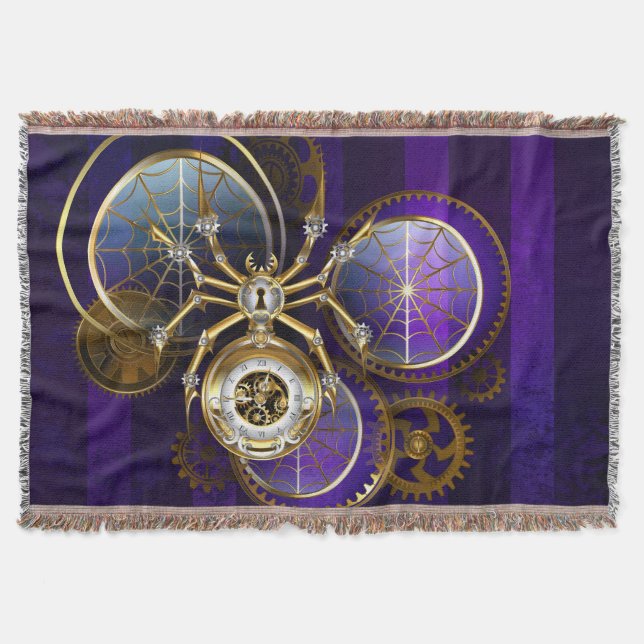 Steampunk Spider on Purple Background Throw Blanket (Front)