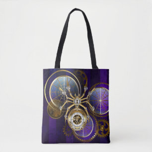 Steampunk Spider on Purple Background Tote Bag