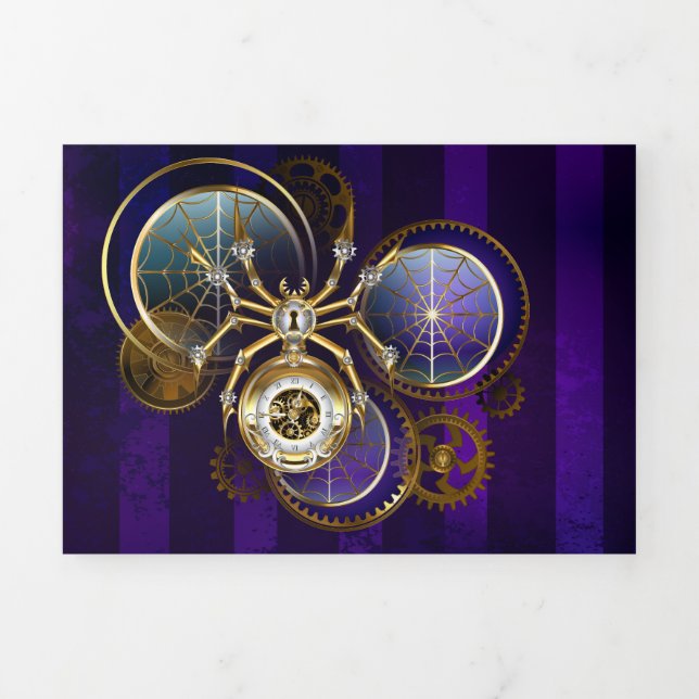 Steampunk Spider on Purple Background Tri-Fold Card (Cover)