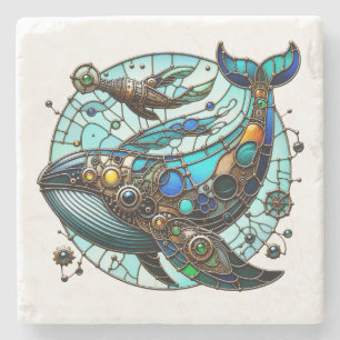 Steampunk Stained Glass Whale Stone Coaster