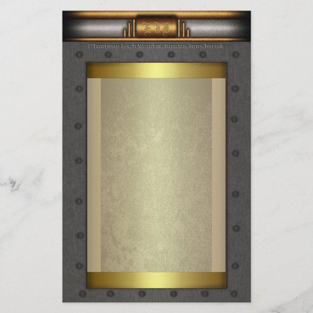 Steampunk steel rivet frame on gold and brass stationery (Front)