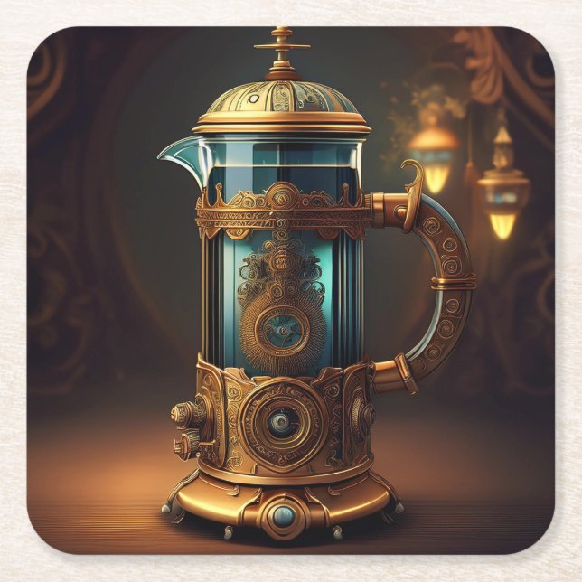 Steampunk Style French Press Square Paper Coaster (Front)