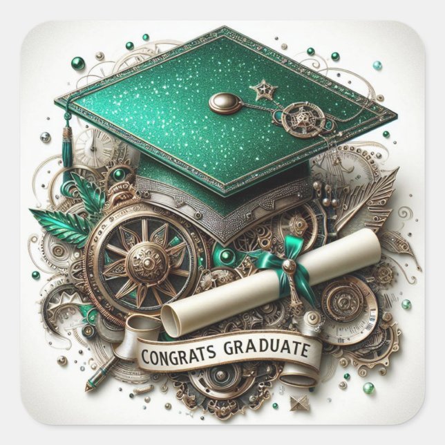 Steampunk Style Graduation Cap and Diploma Square Sticker (Front)
