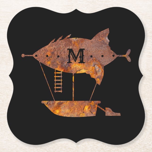 Steampunk Super Colorful Rusty Airship Monogram Paper Coaster (Front)