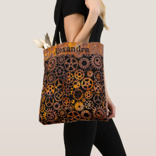 Steampunk Super Colourful Rusty Gears Custom Name Tote Bag