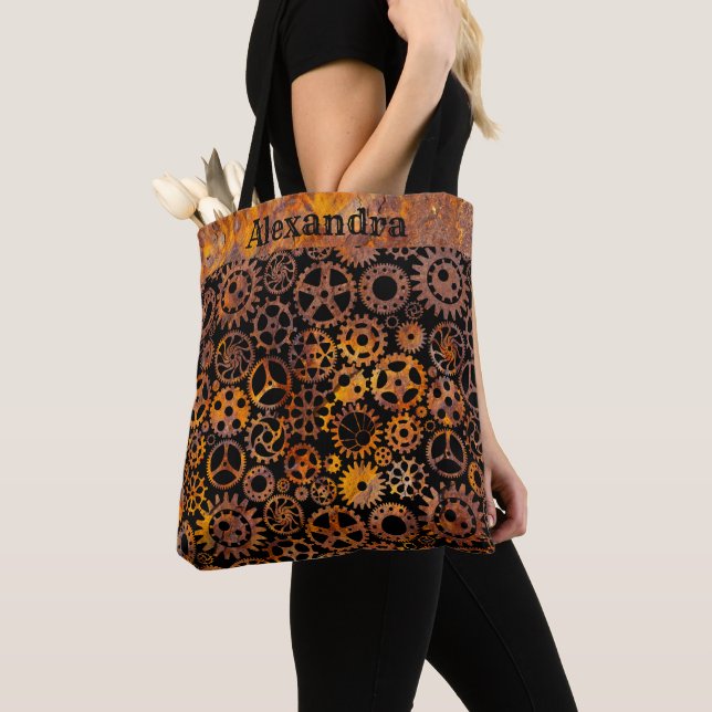 Steampunk Super Colourful Rusty Gears Custom Name Tote Bag (Close Up)