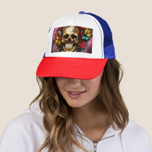 "Steampunk Surrealism: Basquiat-Inspired Skull wit Trucker Hat