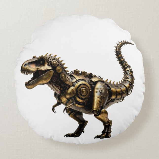 Steampunk T-Rex Mech – Brass Dino Beast Round Cushion (Front)