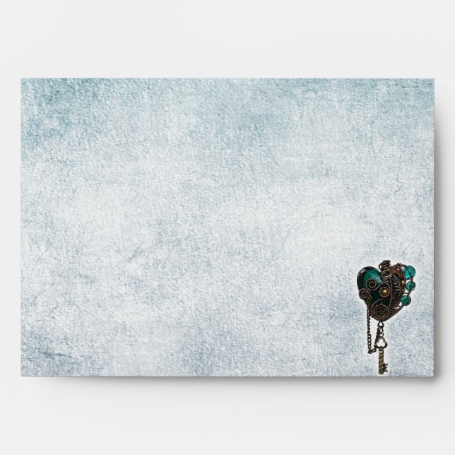 Steampunk Teal Heart Wedding Envelope (Front)