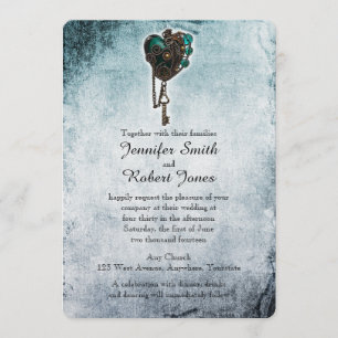 Steampunk Teal Heart Wedding Invitation