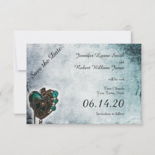Steampunk Teal Heart Wedding Save the Date