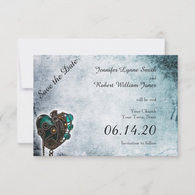 Steampunk Teal Heart Wedding Save the Date (Front)