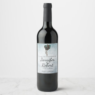 Steampunk Teal Heart Wedding Wine Label