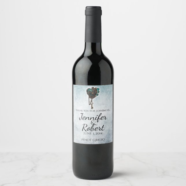 Steampunk Teal Heart Wedding Wine Label (Front)