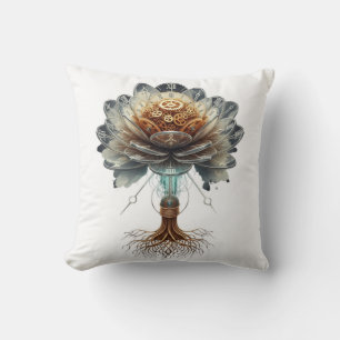Steampunk Temporal Bloom: Mechanical Nature Engine Cushion