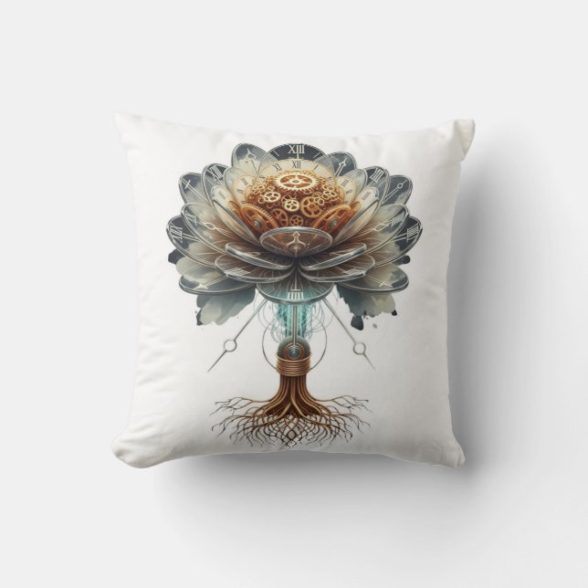Steampunk Temporal Bloom: Mechanical Nature Engine Cushion (Front)