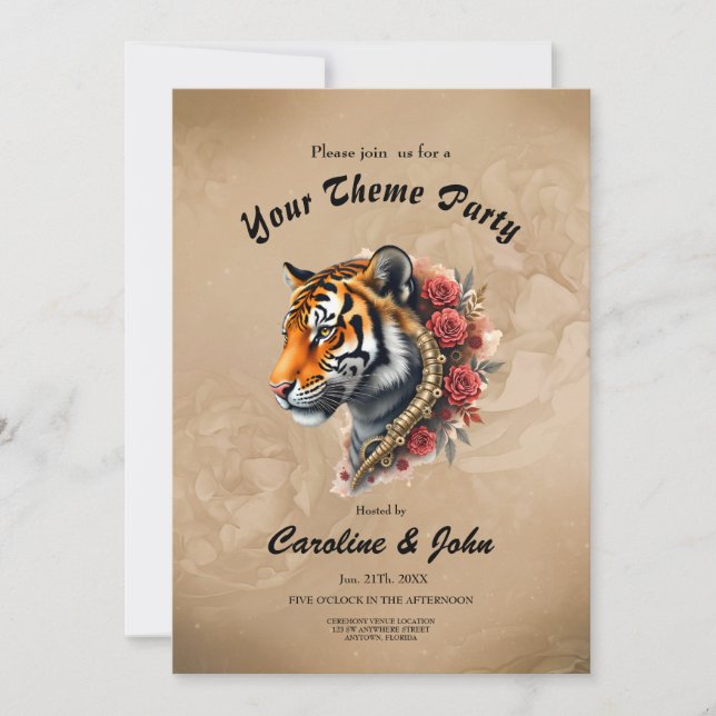 Steampunk Tiger with Roses Illustration. Invitation (Front)
