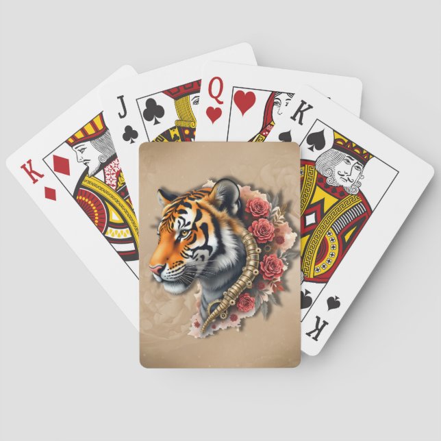 Steampunk Tiger with Roses Illustration.  Playing Cards (Back)