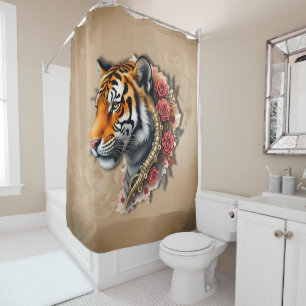 Steampunk Tiger with Roses Illustration. Shower Curtain