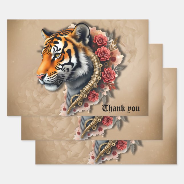 Steampunk Tiger with Roses Illustration.  Wrapping Paper Sheet (Set)