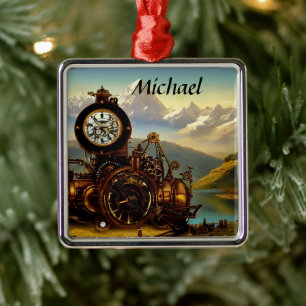 Steampunk Time Machine in Swiss Alps Personalised Metal Tree Decoration